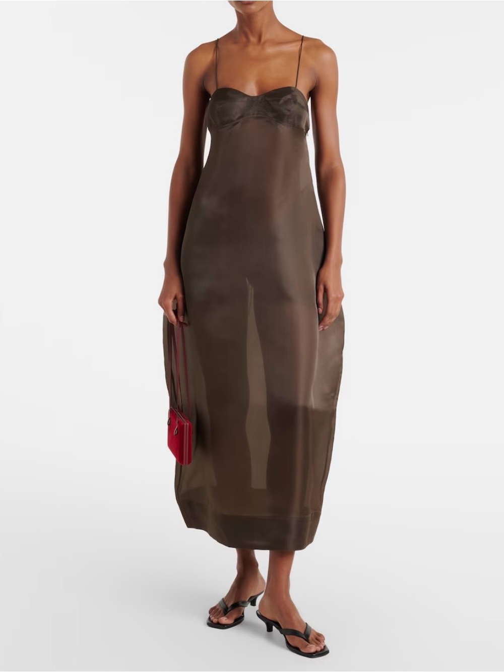 ROHE Sheer Slip Dress with Spaghetti Straps - Brown